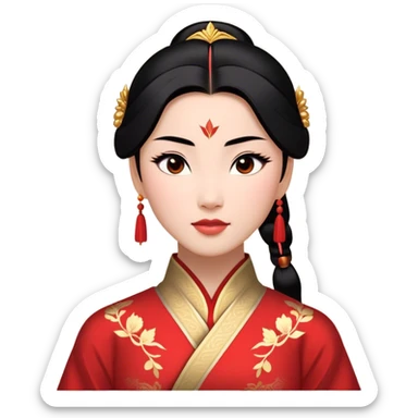 Cinematic Majestic Mulan Portrait Emoji, rendered in a clean, vector-style with bold, simplified shapes. Depict Mulan with a serene, noble expression, warm light skin, and neatly styled black hair, dressed in traditional attire featuring subtle red motifs and gold trim. The image glows with a calm, majestic aura, high shine, and a soft glowing outline, embodying classic elegance. sticker