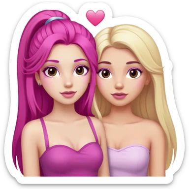 gorgeous long lashes pale girl with long magenta hair latina makeup next to a gorgeous blonde girl with blonde hair brown eyes and a light pink heart above them both wearing tube tops sticker