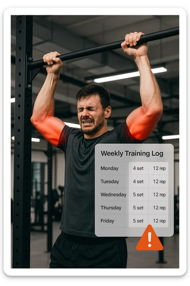 a man in gym attire performs pull-ups on a bar, with his elbows highlighted in bright red to indicate inflammation. A digital overlay shows a weekly training log with high numbers of sets and reps, and a warning icon appears next to the log. The man’s face shows pain and fatigue. The background is a modern gym, emphasizing the link between excessive training volume and injury. scritto in italiano sticker