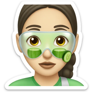 A brunette girl with a green face mask on with cucumber on eyes drinking boba sticker