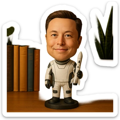 bobblehead of Elon Musk in a space suit holding a small rocket sticker
