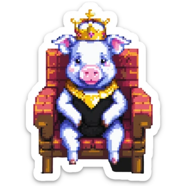 simple ultra-low pixel count pixel art of a pig with a golden crown sitting on a throne, blocky and square like Minecraft sticker