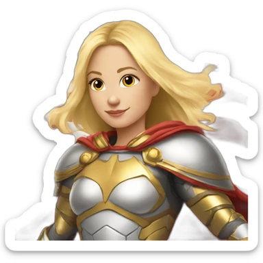 Super hero, girl, blonde, gold shoulder pad armor, American Flag for a cape, flying, horizontal sticker