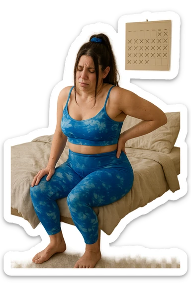 a woman in her 30s sits on the edge of her bed in the morning, holding her lower back with a pained expression. Subtle visual cues, like uneven shoulders or hips, hint at postural asymmetry. The room is softly lit, and a calendar on the wall shows months crossed off, symbolizing chronic pain over the years. sticker