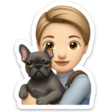 light brown hair woman hugging a dark gray french bulldog sticker