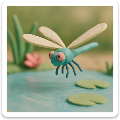 claymation style dragonfly hovering above a pond, soft pastel colors, visible wings and water reflections sticker
