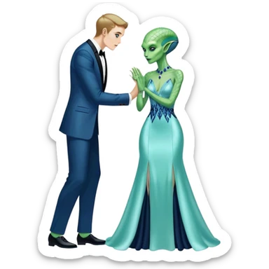 alien reptilian green skin woman, in long slim pastel blue formal party satin dress with gradient shiny sparkling navy blue diamonds embroidered , and caucasian man in black dres on his knees asks her to marry her sticker