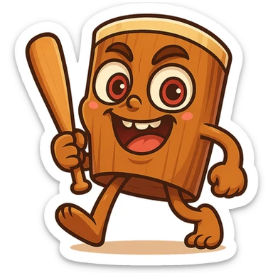 chibi emoji of Tun Tun Suhoor, wooden stick body with smooth brown texture, drum-like cylindrical body, holding baseball bat, cartoon style, bright vivid colors, expressive face, dynamic pose, a bit creepy yet funny,  sticker