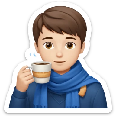 a boy with short hair, having scarf,  drink coffee, enjoy sticker