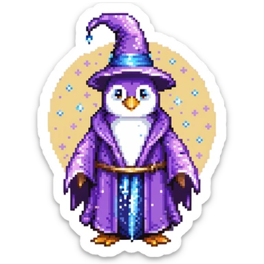 Penguin wizard with purple robe and blue magical sparkles sticker