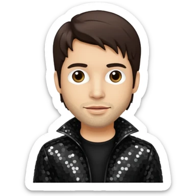 Rob Bourdon from Linkin Park with dark brown hair, light skin, black sequin outfit sticker
