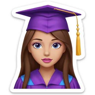 pretty girl with beautiful extremely long brown hair, blue eyes, long lashes makeup, sexy pink lips, wearing a purple graduation cap and gown sticker