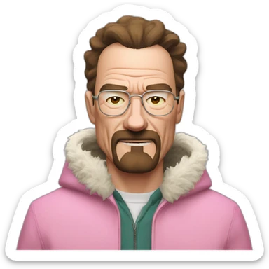 walter white wearing a pink wolf furry suits, His cheeks reflect a slight blush, expressing a reaction mixed with excitement and embarrassment. sticker