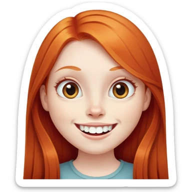 traditional emoji of young girl with very pale skin, long straight bright ginger red hair, very big wide human eyes, wide nose, big smile with extremely large prominent teeth showing, classic round face sticker