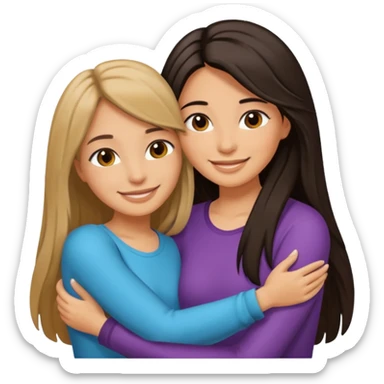 Surprisingly goofy once they open up. Strong, loyal, and incredibly supportive — but still hates wasting time. one woman with long hair hugging another woman with short  dark hair sticker