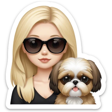 Blonde girl with long hair and pale skin and black sunglasses holding tan shit Tzu and a black Shih Tzu sticker
