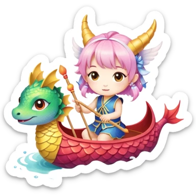A chibi girl dressed as a dragon boat drummer, holding soft pastel drumsticks, standing in a fluffy dragon boat, colorful festival ribbons flying, sparkles and cute mini fish swimming below, soft pastel colors, watercolor texture, transparent background sticker