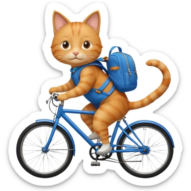 A cat is riding a bicycle and wearing a backpack. sticker