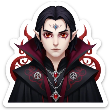 Cinematic Realistic WoW Vampire Mage Portrait, depicted with dark and mysterious elegance, wearing a flowing black robe intricately adorned with arcane silver filigree and esoteric runes. His pallid, almost ethereal skin contrasts with deep crimson, mesmerizing eyes, while his dark, slick hair falls in sleek strands. Rendered with lifelike texture and moody, dramatic lighting, high shine, noble and formidable, capturing the essence of a legendary vampire mage of Azeroth. sticker