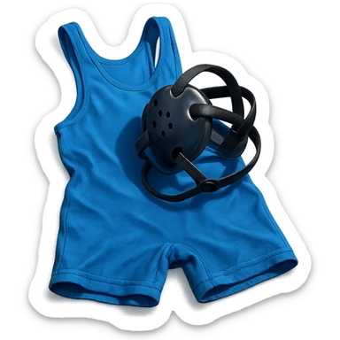 realistic icon of a wrestling singlet uniform, bright blue, brightly lit, spread out as if loosely laying on a table, with a set of wrestling headgear laying loosely on top, different fold or perspective, isolated on transparent background sticker