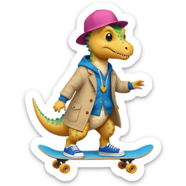 a dinosaur on a skateboard wearing a coat with sneakers in the bottom a cute pokie hairball on the top sticker