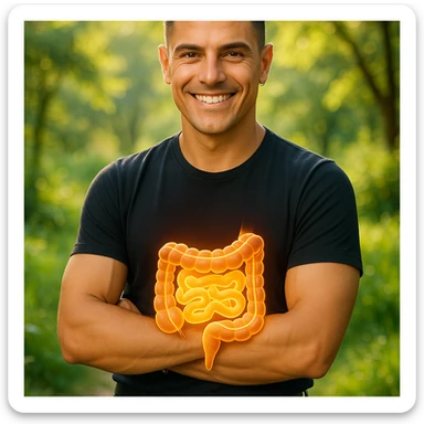 Create a semi-realistic, wellness-themed image of a fit 30-year-old man inspired by the reference image. Show a glowing stylized healthy intestine with a clean and well-shaped gut. The man is smiling confidently in a natural outdoor setting with soft natural light, conveying a positive and vibrant atmosphere. sticker