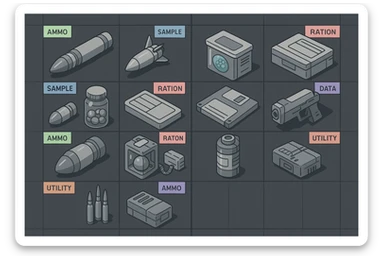 a virtual display, a gray grid with darker gray cells, each cell containing an item viewed in isometric minimalism render The cells have pastel neon colored labels in their upper corner, indicating various traits of the items. retrofuturism, circa 2880's.
The items are scientific and military in nature - varieties of munitions, scientific samples, rations, data storage, utilities. There are two arrays of grids, one left, one right. Each array has a few empty spaces at the bottom sticker