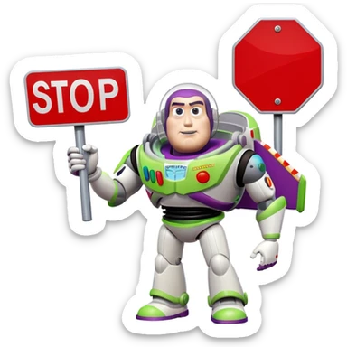 Buzz Lightyear character with a red stop sign above him sticker