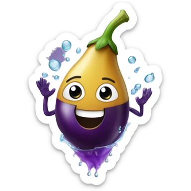 eggplant in a hand with water squirting out of the tip sticker