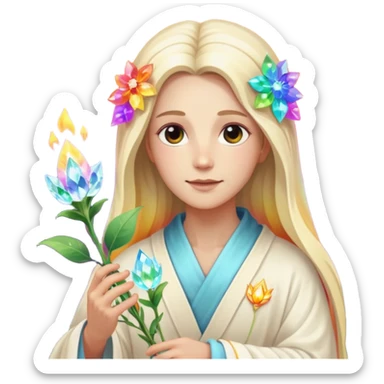 a being made of light pleidian nordic long faces but beautiful features of light with a robe on made of light and who is lanky holding a bouquet of crystal flowers on rainbow fire sticker