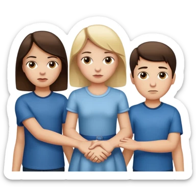 Apple iOS emoji style.
A girl holding hands with two boys at the same time,one boy si brunette the other blonde, one on each side.
The girl has a suspicious, guilty expression, slightly turned eyes.
The boys look neutral and unaware.
 smooth gradients, rounded shape sticker