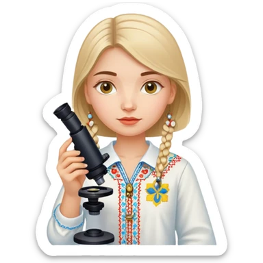 Ukrainian girl in traditional embroidered vyshyvanka shirt holding a microscope sticker