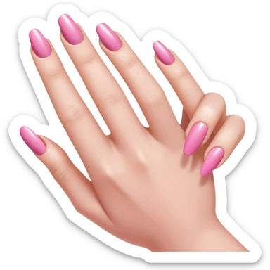  pink close-up of a hand with beautifully manicured nails, glossy pink nail polish, elegant nail shape, soft lighting and shadows, realistic style, sticker