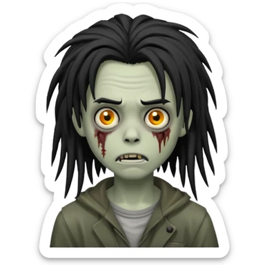 boy zombie with black medium-long dreads, emo, shaggy hair, dark and spooky, creepy expression, iOS emoji style sticker