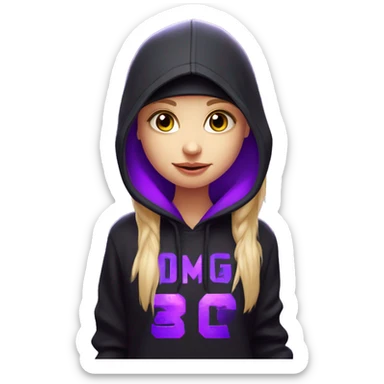 Russian cute blond student girl wearing black hoody with violet letters "OMG", in vr headset. No eyes. Cyberpunk style. Violet neon. sticker