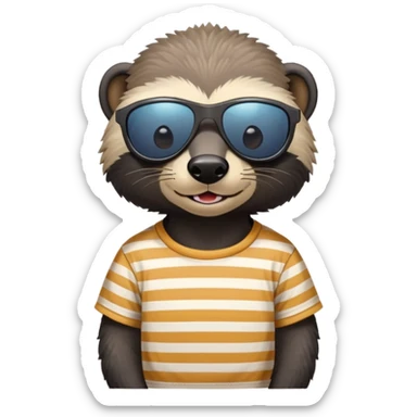 friendly anthropomorphised honey badger, close crop showing head, neck, and top of t-shirt with a striped design, wearing sunglasses sticker