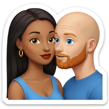 Bald white male with ginger beard and blue eyes kissing African American brown woman with long black hair sticker