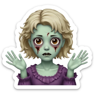 Cabelo ondulado  um pouco cheio e franja curta  Olhos marrons e pequenos e feita d ezumbi mais bonita com cabelo amarro na e com as mãos assim tipo assim🧟‍♀️ sticker