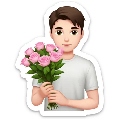 A cool bad boy with fair skin holding a bouquet of pink jasmine roses sticker