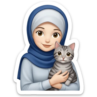 White girl wearing dark blue hijab with white shirt smiling while holding a black grey tabby cat sticker