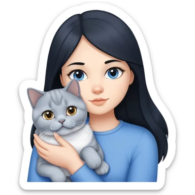 A girl with long black hair is holding a blue and white British shorthair sticker