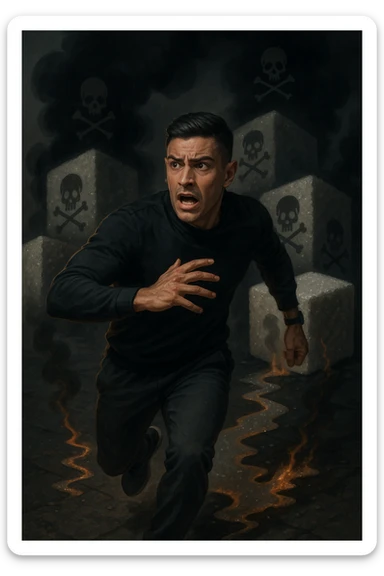 Create an image of a man in his thirties inspired by the face in the reference photo, fleeing with a scared expression. He is running away from huge stylized sugar cubes depicted as toxic, with dark halos, poison symbols like skulls, and black smoke. On the ground, there are traces of sugar melting and corroding whatever they touch. The man appears determined to escape, dressed in sporty or casual clothes. The atmosphere is dark but dynamic, with strong symbolism of sugar as a harmful substance. sticker