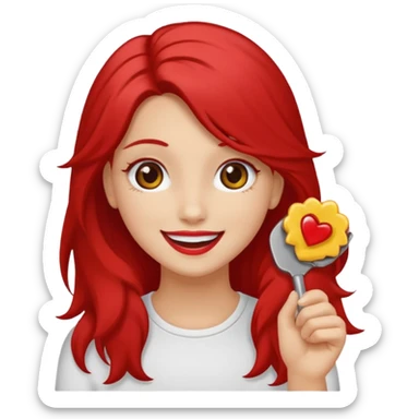 un sticker gracioso de una chica con un pintalabios en la mano de 18 años, de piel blanca con el pelo liso, largo y pelirrojo, ojos marrones sticker