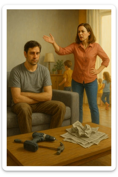 Uomo tra i 35 e i 45 anni, seduto in disparte sul divano con sguardo spento e postura chiusa, mentre la moglie, in piedi, gesticola con decisione e dirige la scena familiare (dando ordini ai figli o organizzando la casa). Intorno, simboli visivi della perdita di ruolo maschile: giornali accartocciati, strumenti da lavoro inutilizzati, l’uomo con vestiti trasandati o troppo neutri. La donna appare energica, determinata, mentre lui è passivo e disconnesso. Atmosfera domestica fredda o neutra. Colori sbiaditi attorno all’uomo, più vividi attorno alla donna. Stile realistico con tono simbolico. sticker