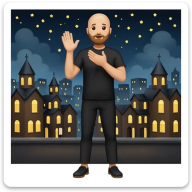 bald man with a beard, dressed in black shirt and pants, clapping hands, standing outside at night sticker