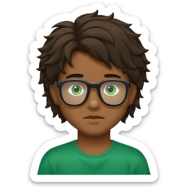 Garçon brun avec des cheveux ondulés courts, peu légèrement bronzée, des yeux verts foncés, un t shirt noir et des lunettes rectangulaires transparentes sticker