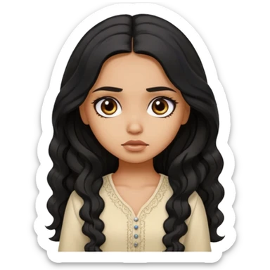 a pretty tan bratz girl with long wavy black hair, wearing a light kurti. looking sad sticker