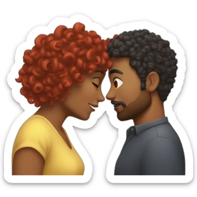 Brown man with a hair cut fade and a beard kissing a White woman with long red curly hair sticker