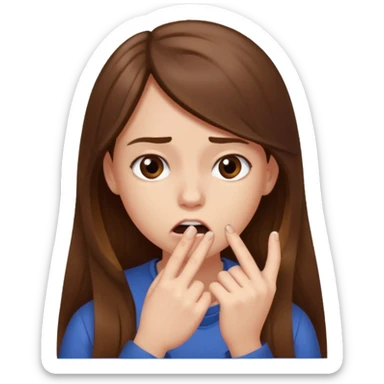 emoji de chica joven, pelo largo castaño, mordiéndose la uña sticker