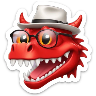 Crazy funny red dragon head with human white teeth and beautiful smile wearing glasses and hat sticker